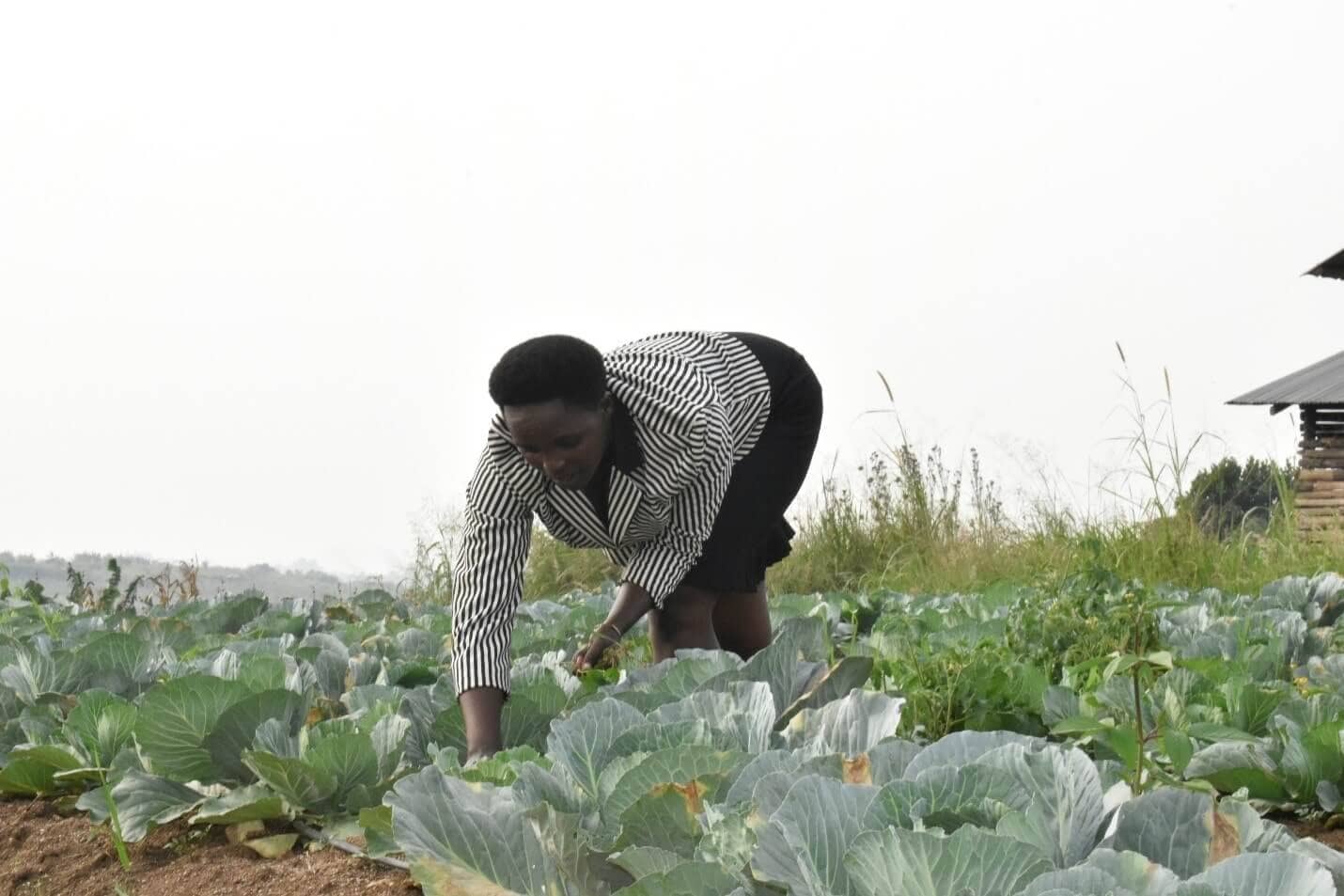 Enid Kyarisima inspects a demonstration garden at the Lucky Nursery School, an ECD Center in Kyaka II Refugee Settlement - Kulea Watoto